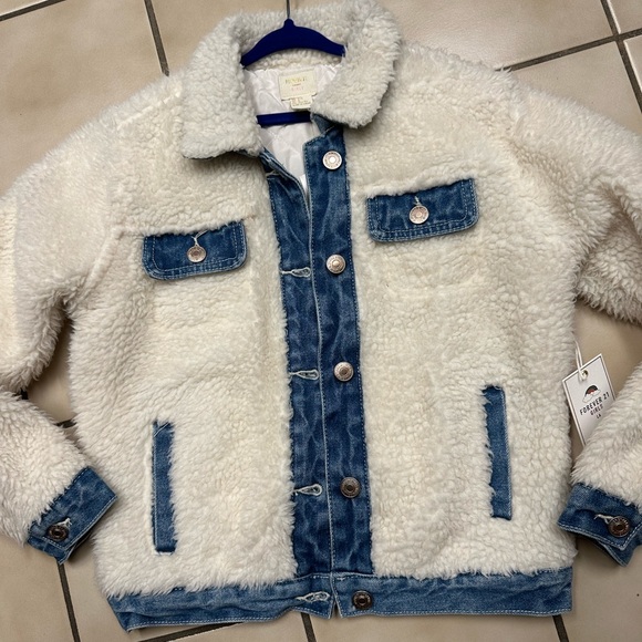 NWT Forever 21 Girls Denim Trim Sherpa Jacket - Picture 2 of 4